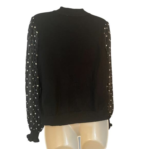 Sheer Polka Dot sleeve Sweater, Black Knit High Neck, Nanette Lepore, Ladies Med - Picture 3 of 5